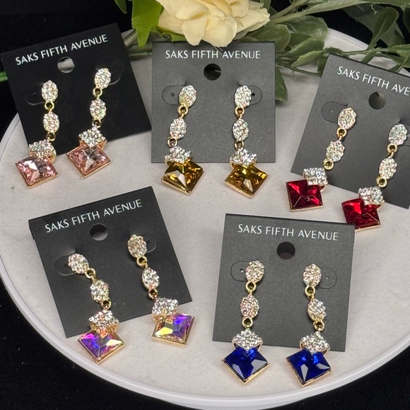 Saks Fifth Ave Pave Teardrop Crystal Post With Drop Red Crystal Earrings - Picture 6 of 9